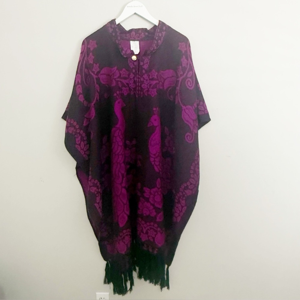 TLAXCALA TEXTILES Purple Black PEACOCK Poncho Cape Fringe Boho Mexican Button OS